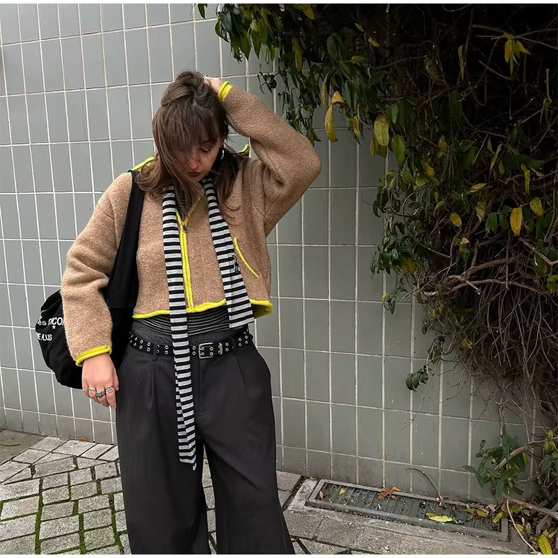 Women Fashion Contrasting Knitted Cardigan Elegant Long Sleeve Pockets Zipper Sweater 2026 Spring Street Lady Chic Outwear