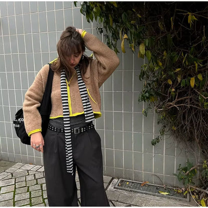 Women Fashion Contrasting Knitted Cardigan Elegant Long Sleeve Pockets Zipper Sweater 2026 Spring Street Lady Chic Outwear