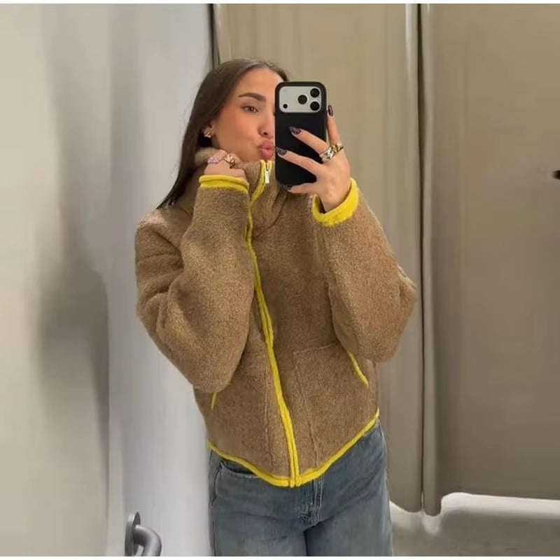 Women Fashion Contrasting Knitted Cardigan Elegant Long Sleeve Pockets Zipper Sweater 2026 Spring Street Lady Chic Outwear