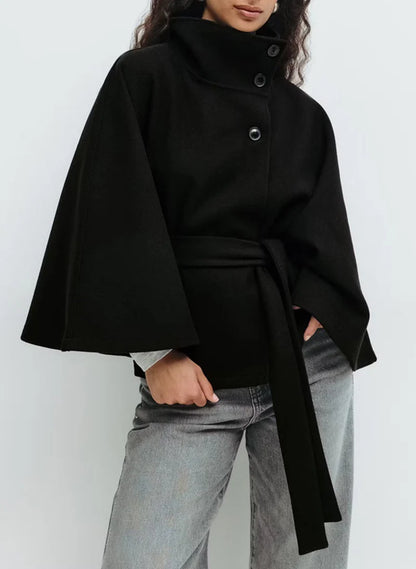 Women’s Winter High Neck Belted Batwing Coat – Elegant Warm Trench Jacket