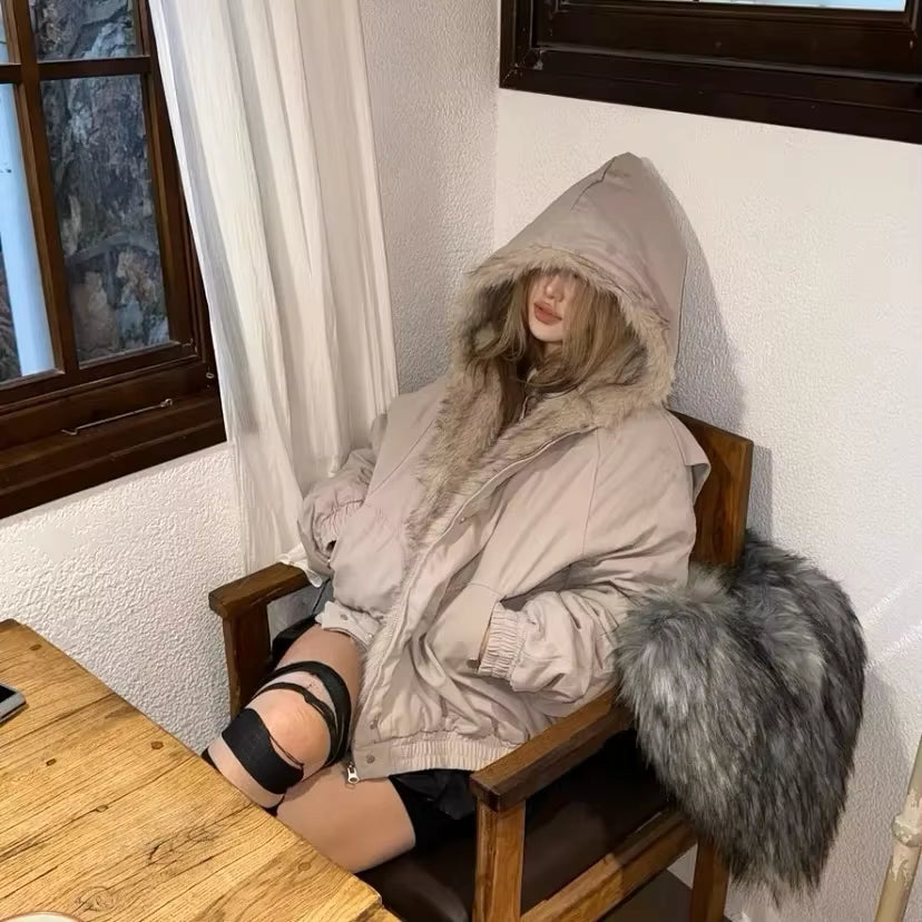 Elevate Your Style with the American Harajuku Retro Plush Jacket - Unisex Leather Motorcycle Jacket with Fur Collar