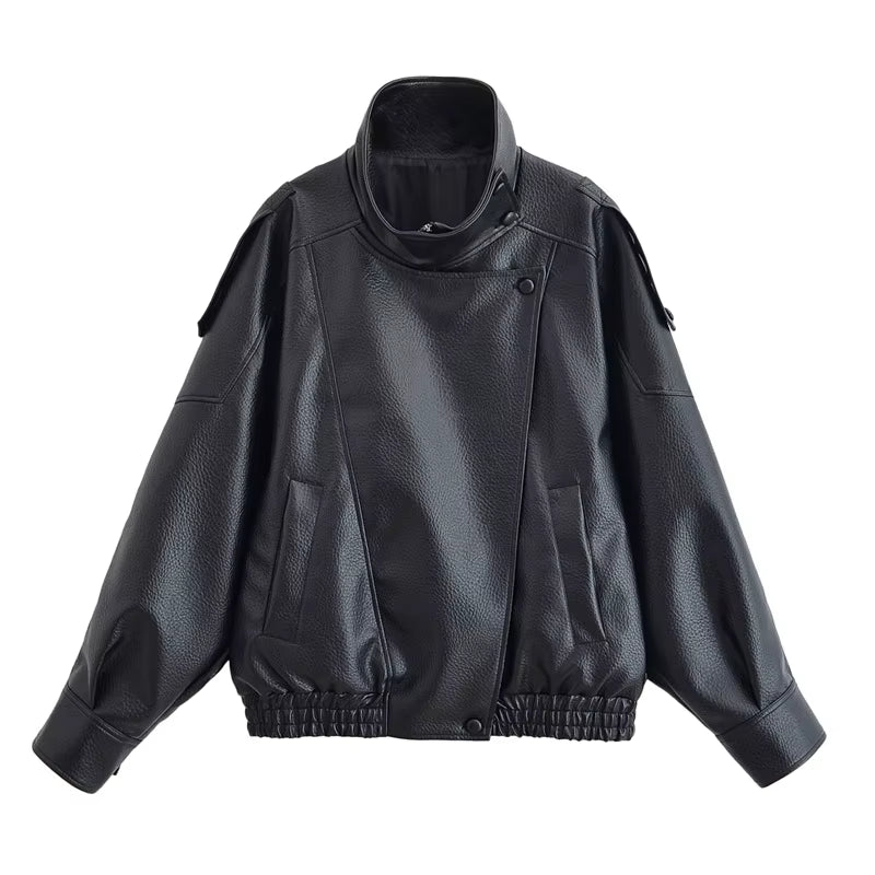 Chic Women's Black Faux Leather Motorcycle Jacket - Fall 2025 Collection with Long Sleeves