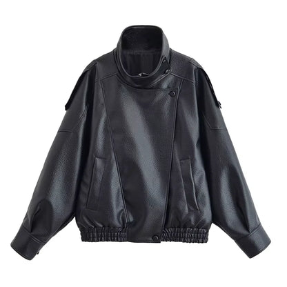 Chic Women's Black Faux Leather Motorcycle Jacket - Fall 2025 Collection with Long Sleeves