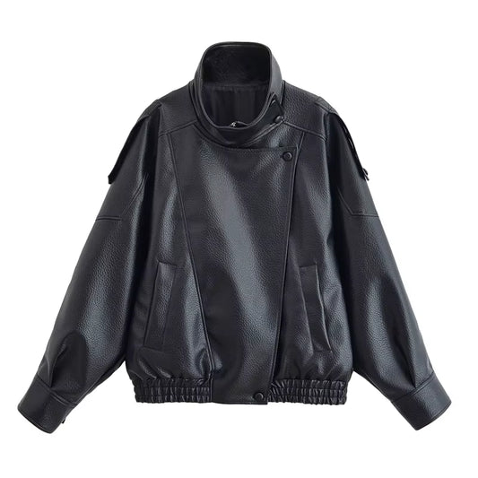 Chic Women's Black Faux Leather Motorcycle Jacket - Fall 2025 Collection with Long Sleeves