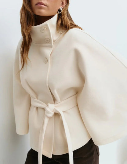 Women’s Winter High Neck Belted Batwing Coat – Elegant Warm Trench Jacket