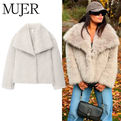 Chic Faux Fur Coat - Luxurious Plush Fluffy Women's Jacket for Autumn/Winter 2025 in Stylish White, Red, Gray, and Black
