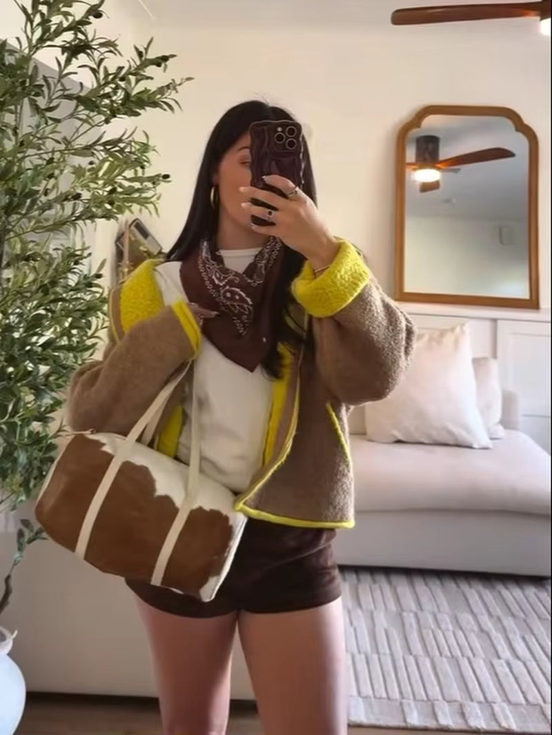 Women Fashion Contrasting Knitted Cardigan Elegant Long Sleeve Pockets Zipper Sweater 2026 Spring Street Lady Chic Outwear