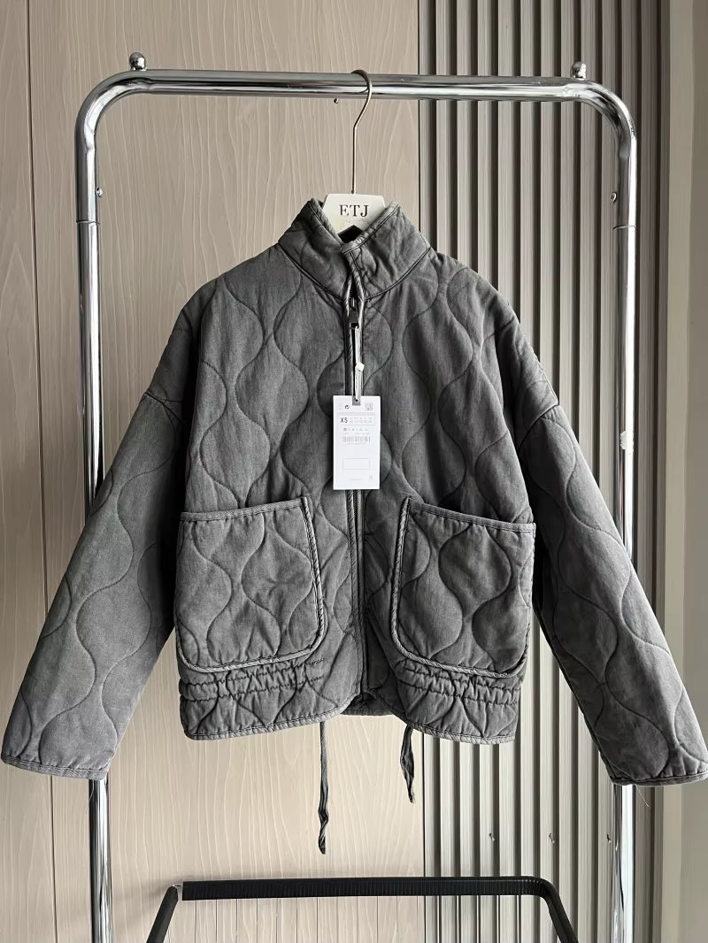 Stylish Women's Cotton Jacket - Vintage High Collar Quilted Coat with Large Pockets for Autumn/Winter 2025