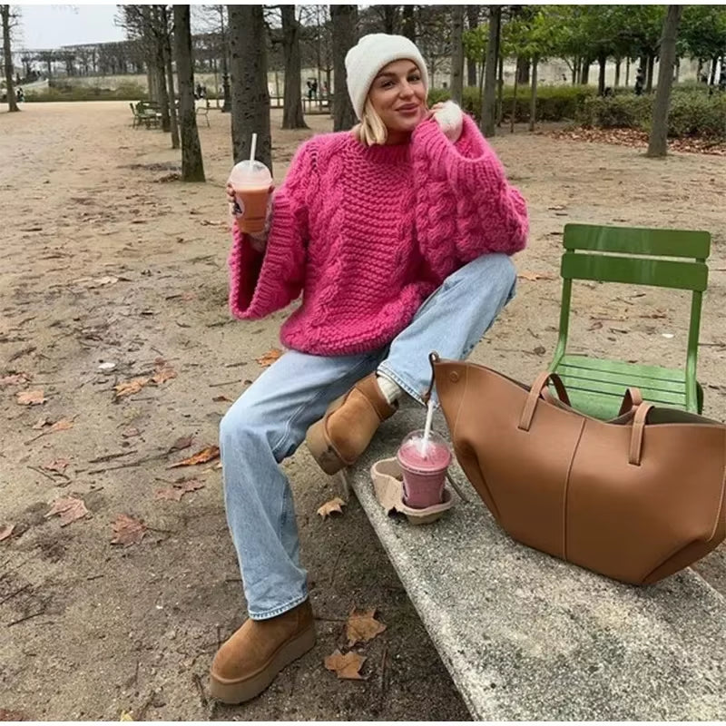 Yaminiya Winter Clothes Women Women'S Turtleneck Long Sleeve Pink Sweater Prairie Chic Solid Vintage Sweater Oversize Pullover