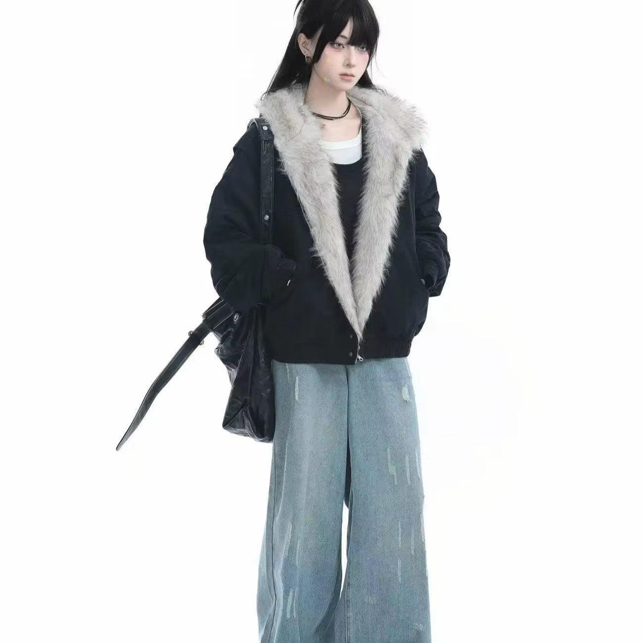 Elevate Your Style with the American Harajuku Retro Plush Jacket - Unisex Leather Motorcycle Jacket with Fur Collar