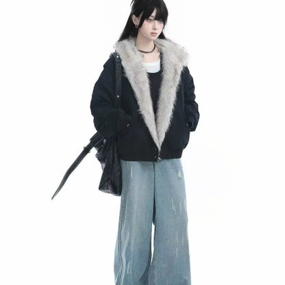 Elevate Your Style with the American Harajuku Retro Plush Jacket - Unisex Leather Motorcycle Jacket with Fur Collar