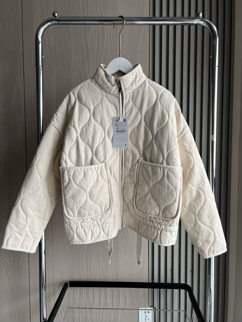 Stylish Women's Cotton Jacket - Vintage High Collar Quilted Coat with Large Pockets for Autumn/Winter 2025