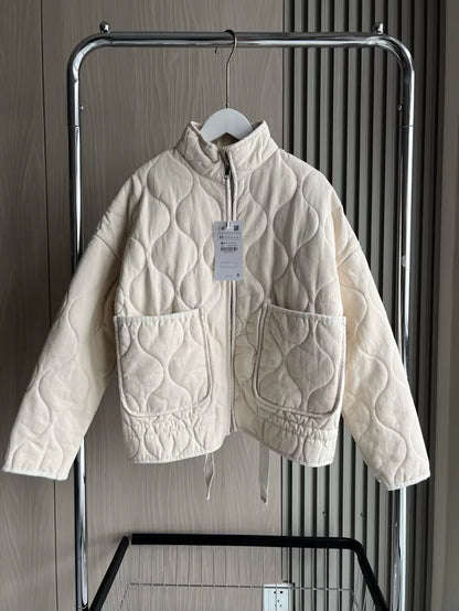 Stylish Women's Cotton Jacket - Vintage High Collar Quilted Coat with Large Pockets for Autumn/Winter 2025