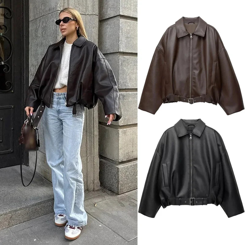 Chic Vintage PU Leather Bomber Jacket for Women - 2025 Autumn Collection with Zipper, Lapel, and Long Sleeves