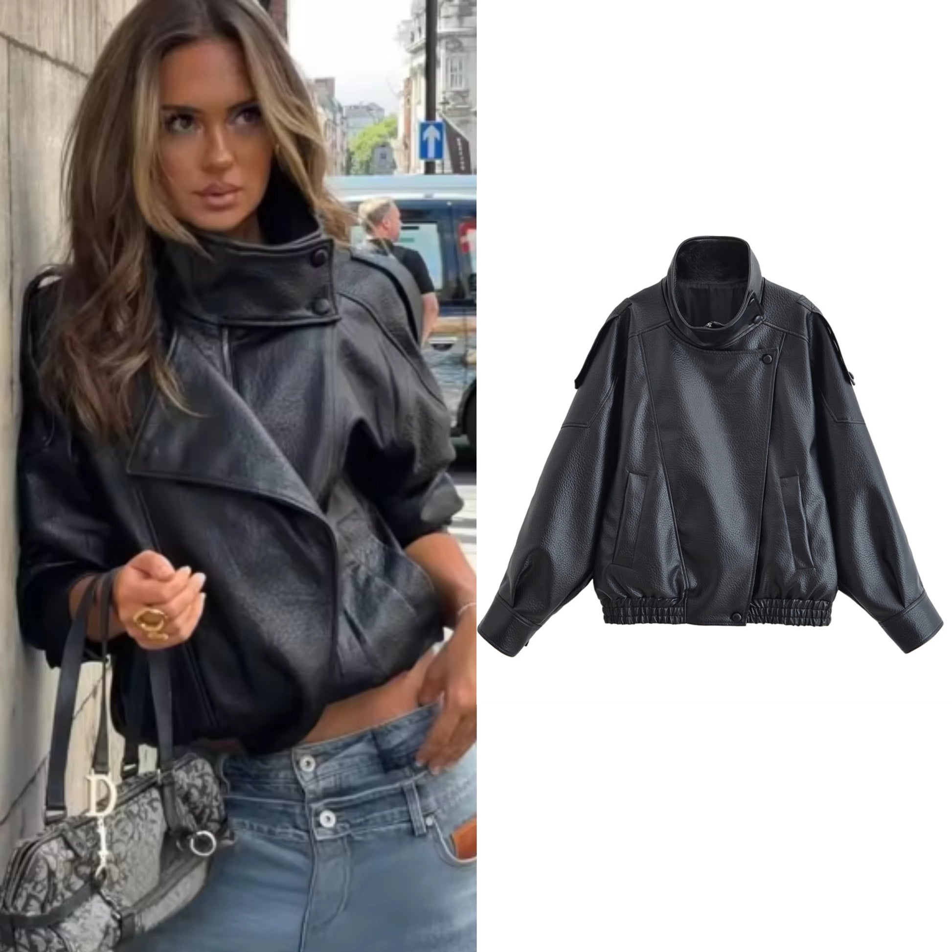Chic Women's Black Faux Leather Motorcycle Jacket - Fall 2025 Collection with Long Sleeves