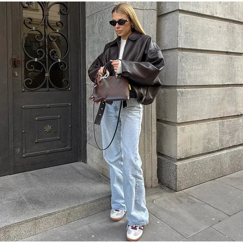 Chic Vintage PU Leather Bomber Jacket for Women - 2025 Autumn Collection with Zipper, Lapel, and Long Sleeves