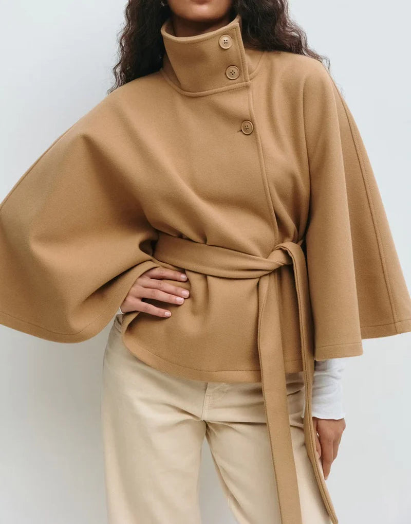 Women’s Winter High Neck Belted Batwing Coat – Elegant Warm Trench Jacket