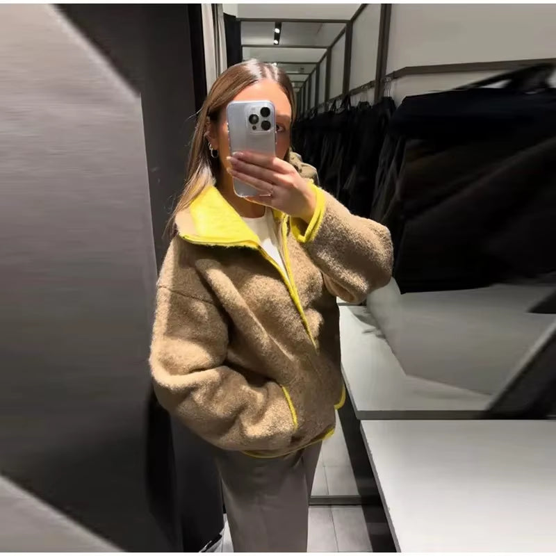 Women Fashion Contrasting Knitted Cardigan Elegant Long Sleeve Pockets Zipper Sweater 2026 Spring Street Lady Chic Outwear