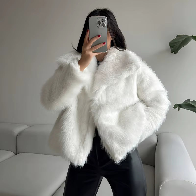 Chic Faux Fur Coat - Luxurious Plush Fluffy Women's Jacket for Autumn/Winter 2025 in Stylish White, Red, Gray, and Black