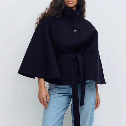 Women’s Winter High Neck Belted Batwing Coat – Elegant Warm Trench Jacket
