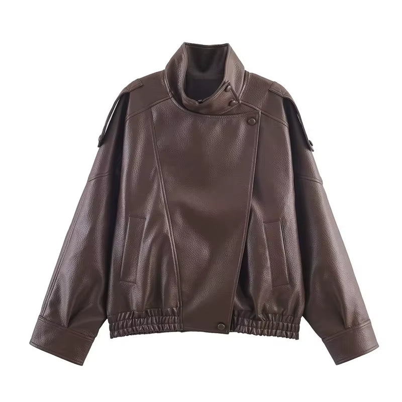 Chic Women's Black Faux Leather Motorcycle Jacket - Fall 2025 Collection with Long Sleeves