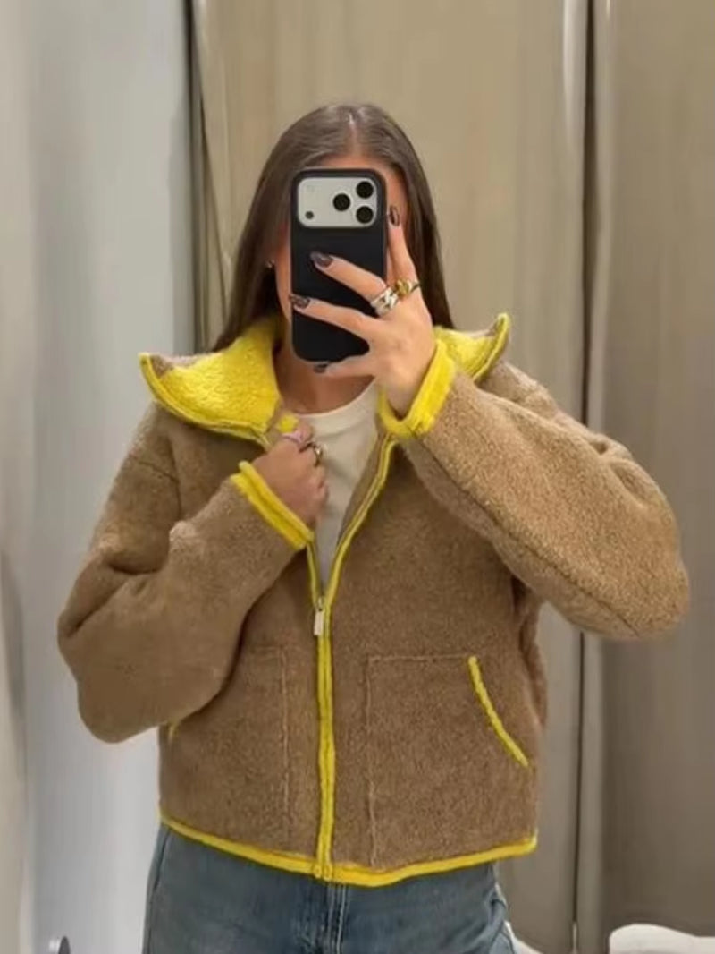 Women Fashion Contrasting Knitted Cardigan Elegant Long Sleeve Pockets Zipper Sweater 2026 Spring Street Lady Chic Outwear